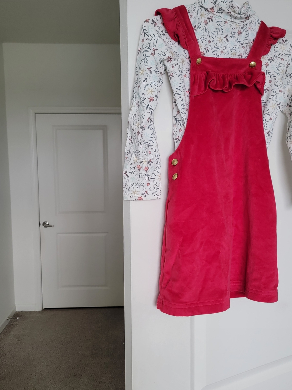 Girls Red Velvet Ruffle Pinafore Dress